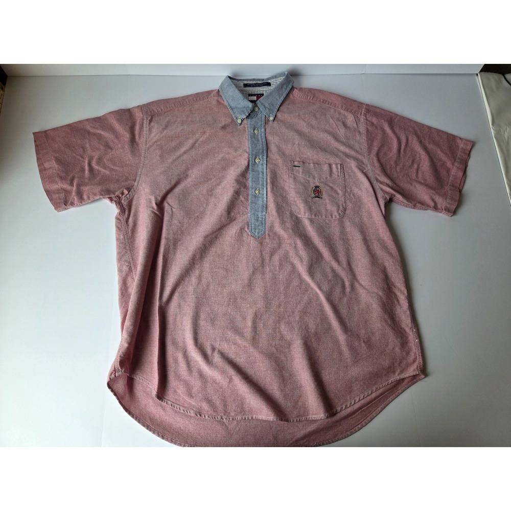 Tommy Hilfiger Shirt Mens Extra Large Y2K Pink Gray Polo Button Cotton Classic